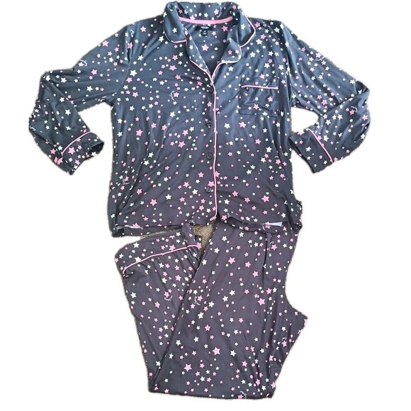 Simply Vera Wang Pajama Lounge Set Size Medium Grey Pink Stars Cotton Knit - Picture 1 of 7